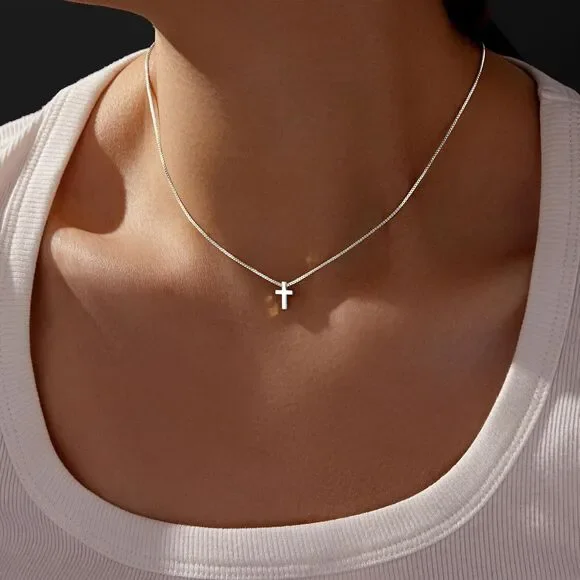 Tiny Cross 925 Sterling Silver Cross Necklace Christian Baptism Dainty Silver - Picture 3 of 5